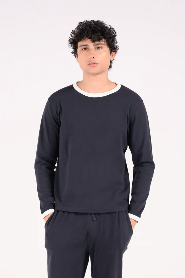 FULL SLEEVE CONTRAST RIB TEXTURED TEE
